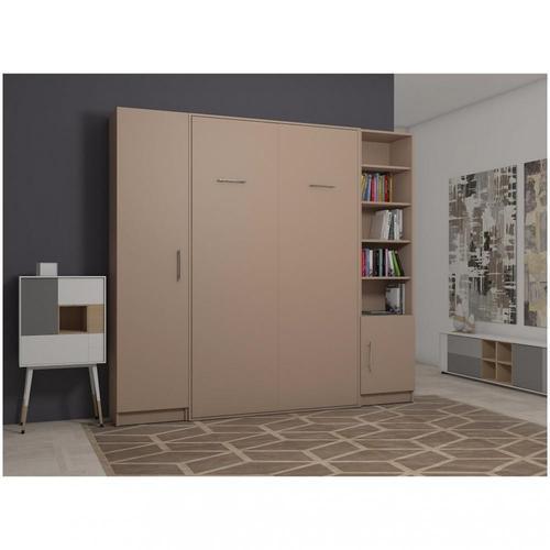 Composition Armoire Lit Escamotable Smart-V2 Taupe Mat Couchage 160 X 200 Cm Colonne Armoire Et Bibliothèque