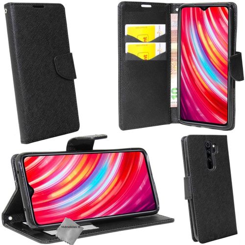 Housse Etui Coque Pochette Portefeuille Pour Xiaomi Redmi Note 8 Pro + Verre Trempe - Noir / Noir