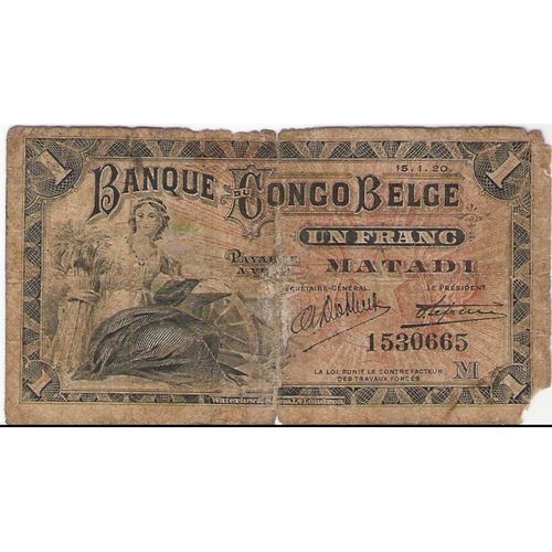 Billet Congo 1 Franc Banquecongo Belge De 15-1-1920