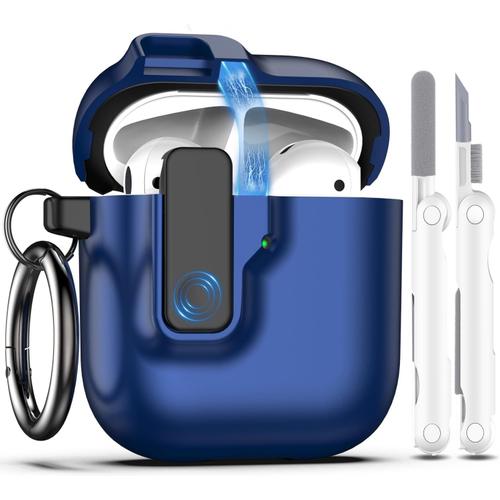 Coque pour AirPods 1 et 2 avec kit de Nettoyage, Interrupteur à Pression Automatique et Clip de Verrouillage sécurisé, Compatible avec Apple Airpods 2ème et 1er étui de Chargement,Bleu