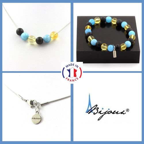 Parure Bracelet Collier Perles Citrine + Calcédoine Bleu + Onyx Noir Taille Personnalisable.