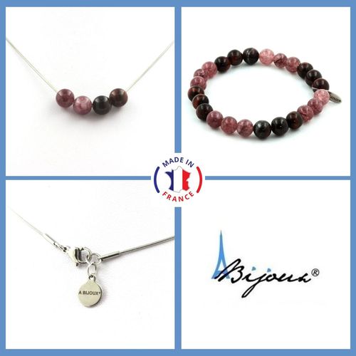 Parure Bracelet Collier Perles Oeil De Tigre Rouge + Lépidolite 8 Mm. Taille Personnalisable.