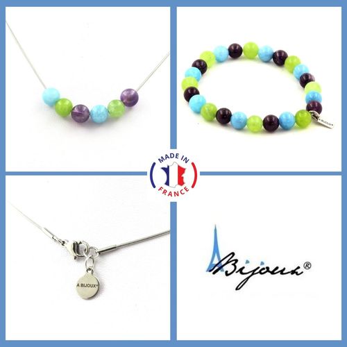 Parure Bracelet Collier Perles Améthyste + Agate Rubanée + Pierre De Taille Personnalisable.