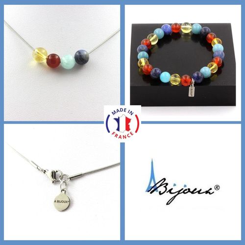 Parure Bracelet Collier Perles Sodalite + Aigue-Marine + Agate Rouge + Taille Personnalisable.