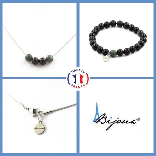 Parure Bracelet Collier Perles Agate Noire + Seraphinite De Russie 8 Taille Personnalisable.