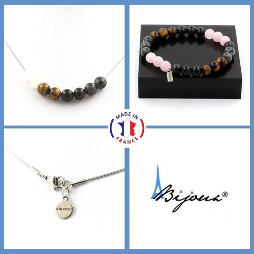 Parure Bracelet Collier Perles Quartz Rose + Labradorite + Obsidienne Taille Personnalisable.