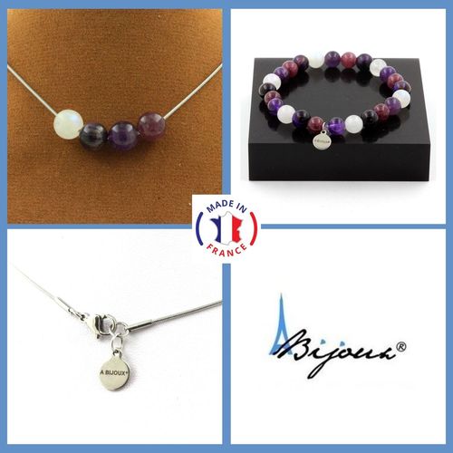 Parure Bracelet Collier Perles Oeil De Tigre Violet + Améthyste + Taille Personnalisable.