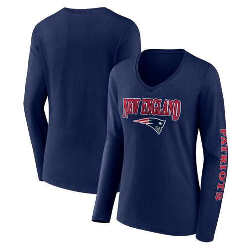 T-Shirt À Manches Longues Et Col En V Bleu Marine Avec Mot-Symbole Des New England Patriots De Marque Fanatics Pour Femmes