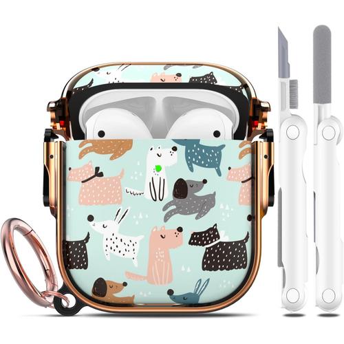 Coque R - fun avec Serrure de sécurité et kit de Nettoyage, Coque Femme Compatible airpods génération 1/2 Flower Print, Design Porte - clés pour Apple airpods,Chiot Blanc