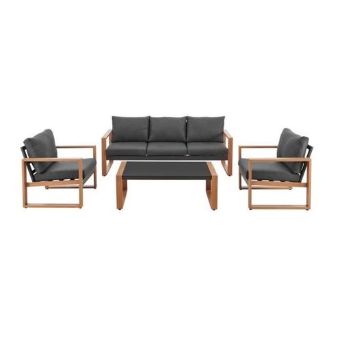 Salon Bas De Jardin En Aluminium Effet Bois Avec Coussins - 5 Personnes - Puerto - Gris