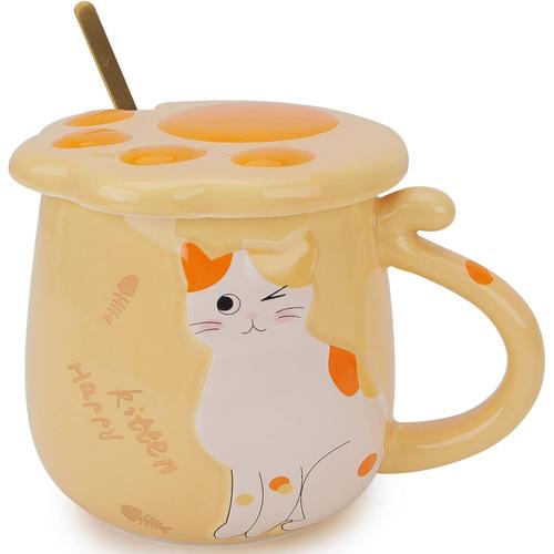 Jaune Tasse À Café En Céramique Avec Couvercle Et Cuillère, Passe Au Micro-Ondes Et Au Lave-Vaisselle, Cadeau Pour Les Amoureux Des Chats, Hommes, Femmes, Filles, 420 Ml, Jaune