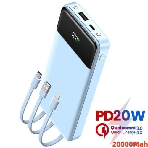 Batterie Externe 20000mah Câble Intégré Power Bank 2.4a Et 5 Sorties Ultra Mince Batterie Portable Avec L?Ecran Led Universel