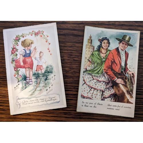 Lot De 2 Cartes Postales Anciennes En Couleur : Costumes Espagnoles Et Enfants