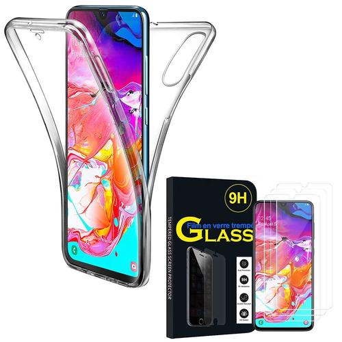 Coque Avant Et Arrière Silicone Pour Samsung Galaxy A70 6.7" 360° Protection Intégrale - Transparent + 3 Films Verre Trempé