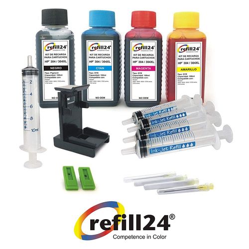 refill24 Kit de recharge pour cartouches d'encre HP 304/304 XL avec flacons d'encre noire et couleur de haute qualité Livré avec