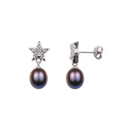 Boucles D'oreilles Femme Etoile Pendantes Pendantes À Poussettes En Perles De Culture Noires Et Argent 925/1000 - Blue Pearls Bps 0313 Y Unique