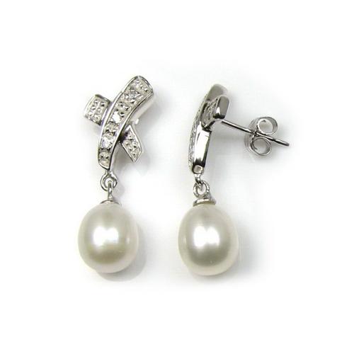 Boucles D'oreilles Femme Croix Pendantes À Poussettes Et Perles De Culture D'eau Douce Blanches Et Argent 925/1000 - Blue Pearls Bps 0319 Y Unique