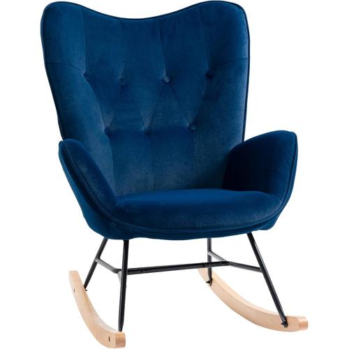 Fauteuil À Bascule Oreilles Rocking Chair Grand Confort Accoudoirs Assise Dossier Garnissage Mousse Haute Densité Aspect Velours Bleu