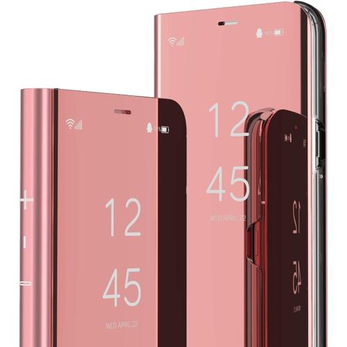 Compatible Avec Iphone 15 Pro Max Coque Clear View Etui Cuir Miroir Makeup Coque Étui Cuir Housse Coque Couverture Fonction Stand Pour Iphone 15 Pro Max Flip Mirror Rose Gold Qh