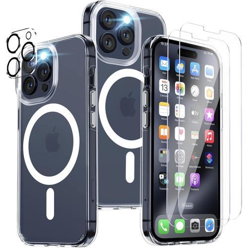 Coque Iphone 15 Pro Max, Compatible Avec Magsafe, Protection Antichoc Militaire, Anti-Jaune, Coque Magnétique Iphone 15 Pro Max+2 Pièces Verre Trempé+1 Caméra Arrière Protecteur-Transparent