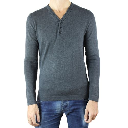 Pull Col V Boutonné Gris Homme
