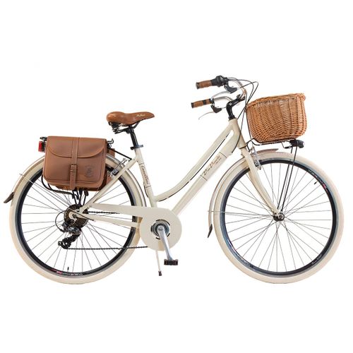 Vélo De Ville Femme Via Veneto By Canellini Retro Vintage Aluminium + Panier Et Sac Latéral 46 Beige