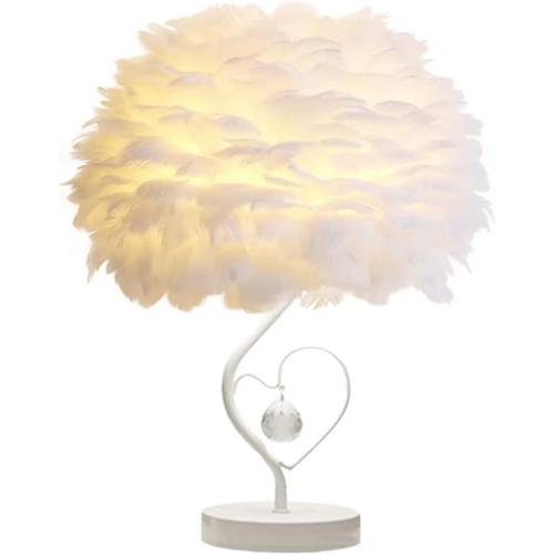 Lampe De Chevet En Plumes Abat-Jour De Chevet Lampe De Table Moderne En Plumes Abat-Jour De Bureau Avec Cristal En Coeur Pour Salon, Chambre, Bar, Restaurant, Hôtel