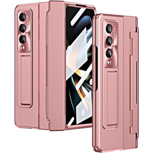 For Samsung Z Fold 3/Z Fold 4 Case Luxury Hinge Folding Electroplated Lens Film Mobile Phone Case, With Built-In Kickstand, Pc Shockproof 360°All-Inclusive Protective Cover Case. (Z Fold3 5g, Pink)