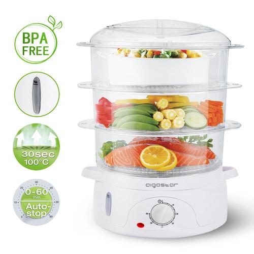 Aigostar Fitfoodie - Cuiseur vapeur électrique 0% BPA. Puissance de 800W, minuterie, 3 niveaux indépendants de cuisson. Cuisine saine. Design exclusif.