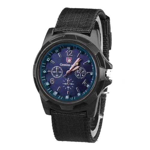 Montre Gemius Armée Sport Bracelet Militaire Armée Suisse Tissu Noir Cadran Fond Bleu Marine Avec Petits Cadrans Décoratifs
