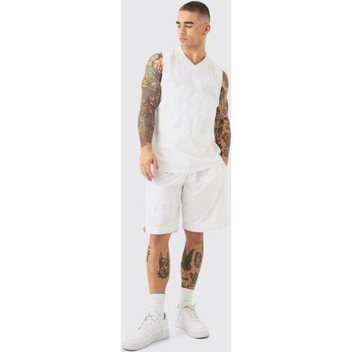 Mesh And Satin Basketball Applique Vest And Short Set Homme - Argent - M, Argent