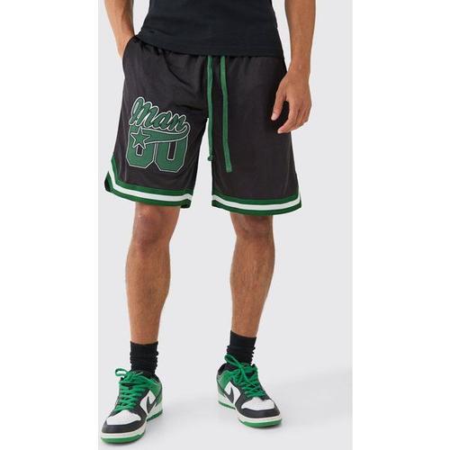 Mesh And Satin Applique Baseball Short Homme - Noir - S, Noir