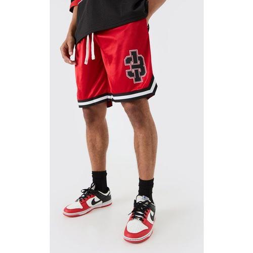 Mesh And Satin Applique Baseball Short Homme - Rouge - S, Rouge