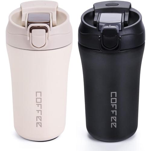 Noir + Blanc 2pcs Réutilisable Mug Isotherme Etanche 400mL Thermos Café-Thé-Boissons Mug Thermique de Voiture avec Couvercle &