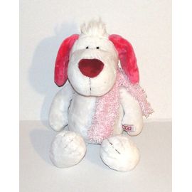 Peluche Chien Blanc Nici Oreilles Roses Doudou Chien Echarpe Rose Clair 34 Cm