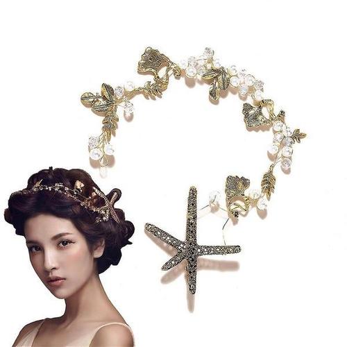 Starfish Mermaid Headband With Gold Crystal Beads And Pearl Hair Accents