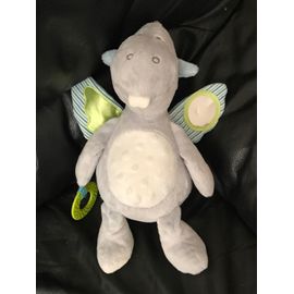 Doudou Dragon Gris Bleu Vert Rayé Obaibi Activité Miroir Anneaux 30cm