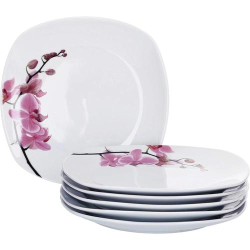 Rose Kyoto Lot De 6 Assiettes À Dessert Carrées - Vaisselle En Porcelaine Robuste Avec Décor Orchidée - Assiettes À Gateau Modernes Avec Motif Floral - Passe Au Micro-Ondes Et Au Lave-Vaisselle -