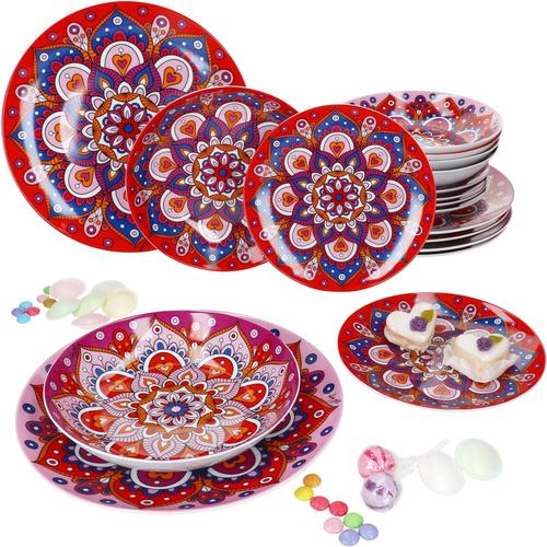 Rouge Bayram Lot De 18 Assiettes En Faïence Rose Rouge Avec Motif Mandala Oriental Pour 6 Personnes I 6 Assiettes Plates, 6 Assiettes Creuses 400 Ml Et 6 Assiettes À Dessert En Rose, Rouge Et