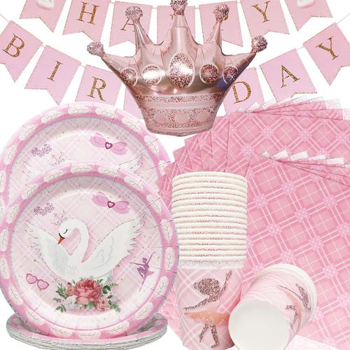 62 Pièces Assiettes En Papier Princesse Cygne Rose,Vaisselle De Fête Princesse Cygne Set De Table D'anniversaire-Assiettes,Gobelets,Mouchoirs, Ballons De Fête À Couronne Rose