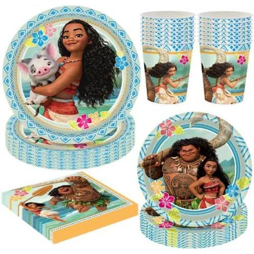 Ensemble De Décoration De 80 Pièces Moana Party Supplies, Joli Kit De Vaisselle Assiettes En Papier Serviettes Tasses, Fournitures De Fête D'été À La Piscine Pour 10 Invités