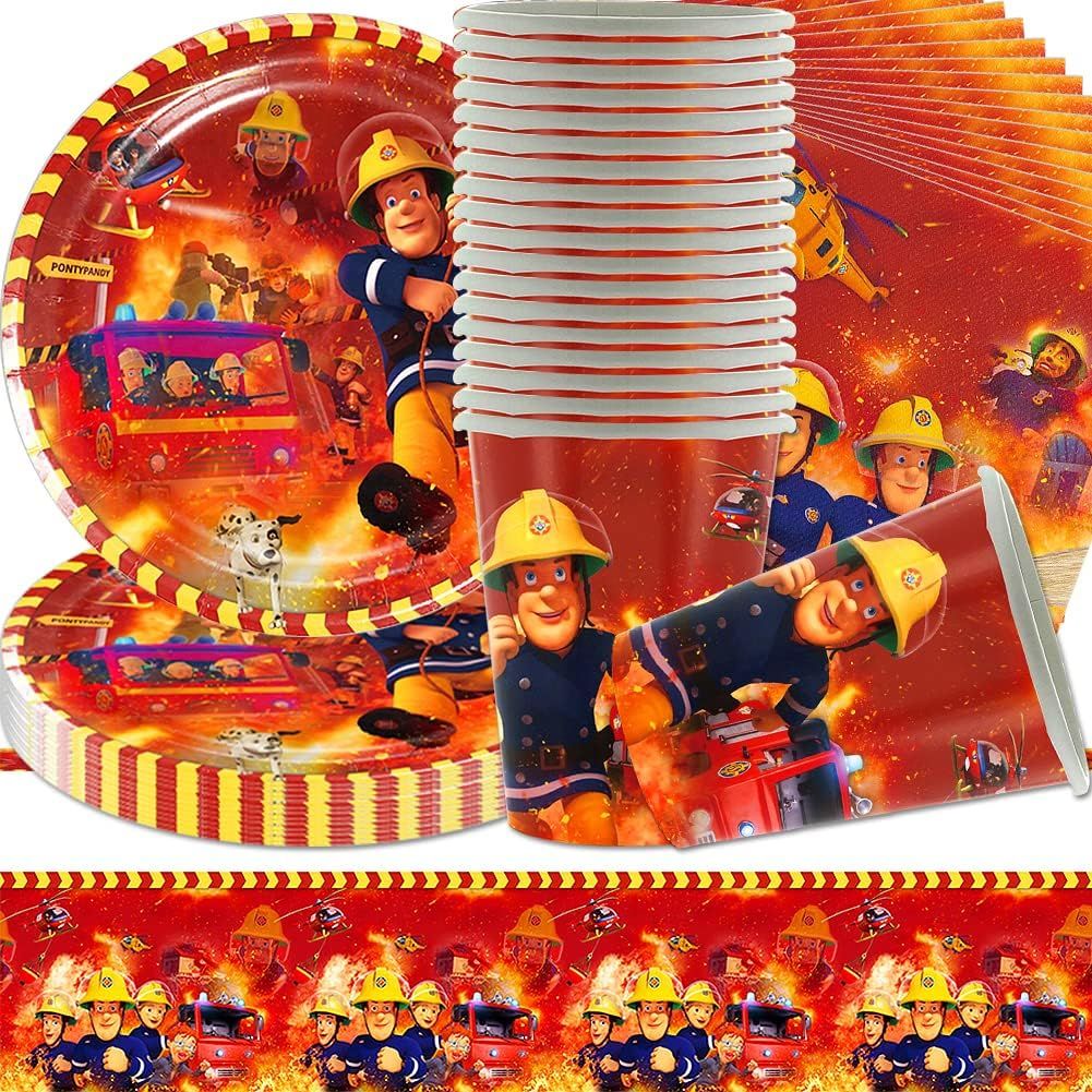 Vaisselle De Fête Sam Le Pompier, Vaisselle Sur Le Thème Des Pompiers,61pcs Set De Fête De Pompier, Tasses, Assiettes, Papier, Nappes, Pour Les Articles De Fête D'anniversaire