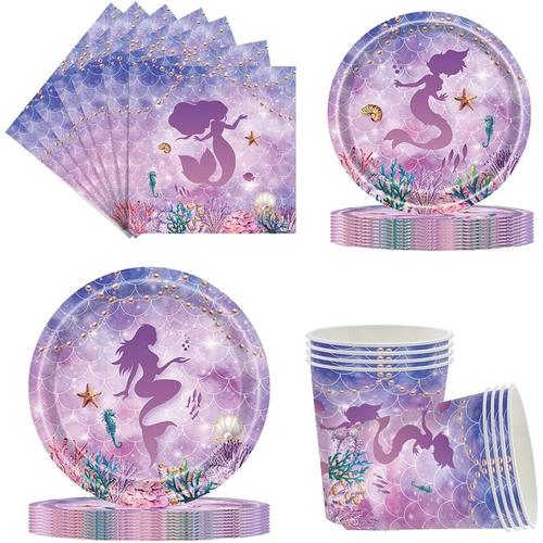 Mermaid Vaisselle Fête Sirène Pourpre Rose d'Anniversaire Fournitures De Fête 68Pcs Fête d'Anniversaire Assiettes En Papier,Serviettes,Tasses Pour Enfant Décoration Fête Anniversaire