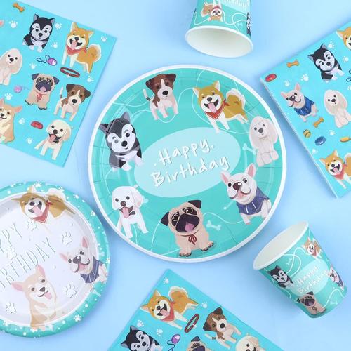 Chien Paxrmuky Lot de 64 assiettes en carton pour anniversaire d'enfant, fête à thème chien, vaisselle de fête pour 16 garçons et filles, accessoires de décoration d'anniversaire bleus