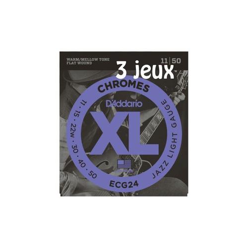 D'addario Chromes Ecg24-3d, Filets Plats, Jazz Light, 11-50, 3 Jeux - Jeu Guitare Électrique