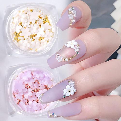 Perles Dorées Nail Art Breloques Paillettes Décalcomanies Fleur Blanche 3d Nail Art Coffret 