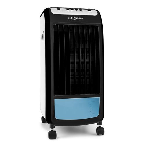 oneConcept CarribeanBlue - Rafraichisseur d'air 3-en-1, ventilateur multifonctions : purification d'air, humidificateur (70W, réservoir de 4L, packs frigorifiques intégrés) - blanc/noir