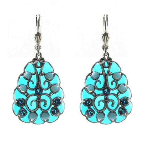 Lily-Crystal [R0739] - Boucles D'oreilles Artisanales 'médicis' Turquoise Argenté - 25x20 Mm