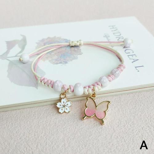 Pink Bracelet Pendentif Papillon Fait Main Ete Chanceux Reglable Tisse Pink
