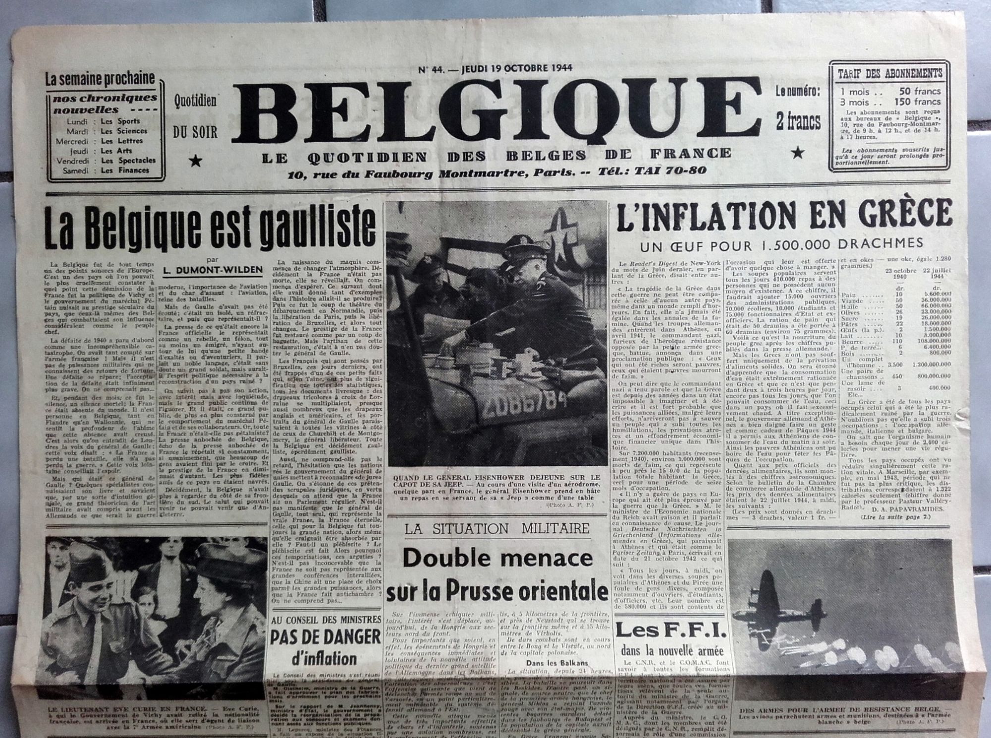 39-45 : Vieux Journal Authentique "Belgique" Du 19 Octobre 1944